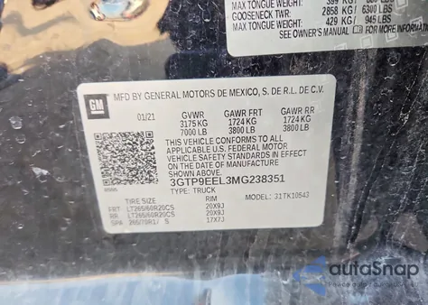 2021 GMC Sierra K1500 At4 z USA, uszkodzony, nr VIN 3GTP9EEL3MG238351